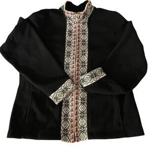 Women's LL Bean Fleece Jacket Black /Snowflake & Floral Trim, Size Large Vintage